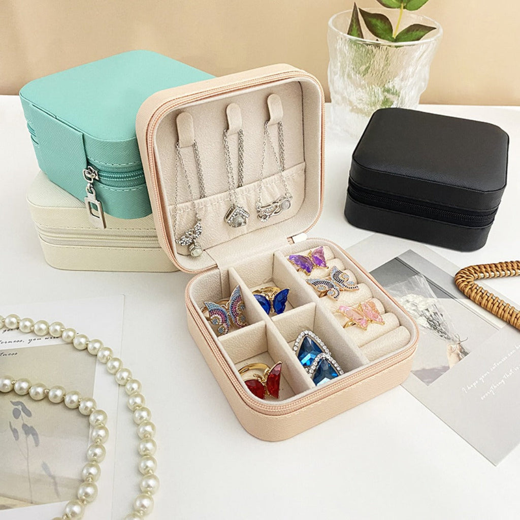 Zippered PU leather portable travel jewelry organizer case