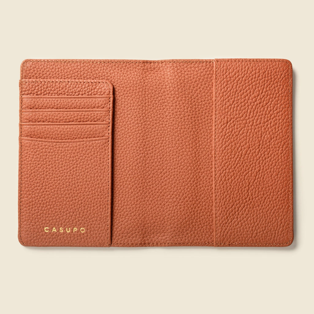 Tan leather passport wallet with RFID-blocking lining