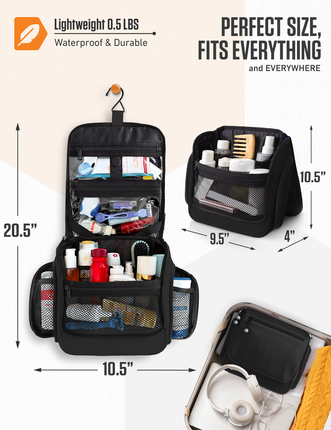 Black hanging toiletry bag with example toiletries and a diagram showing its open and closed dimensions.