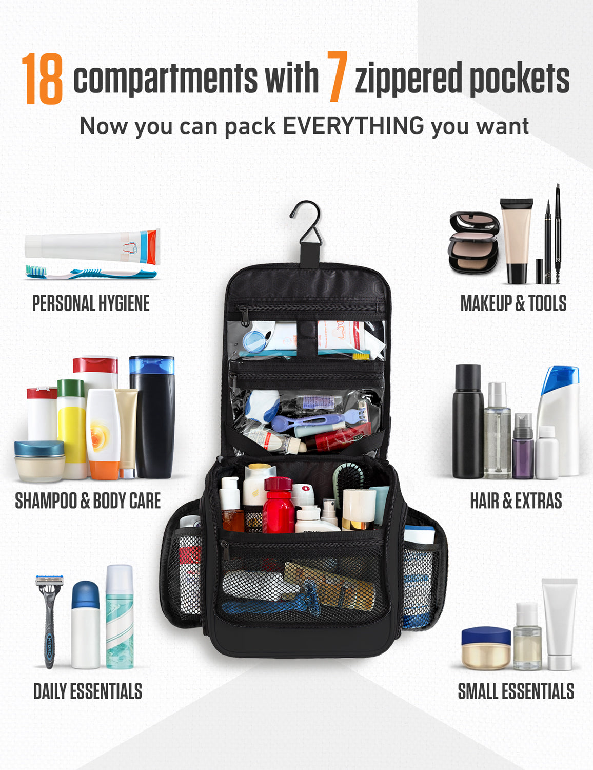Open black toiletry bag with toiletries grouped into pockets; graphic labels 18 compartments and 7 zippered pockets.