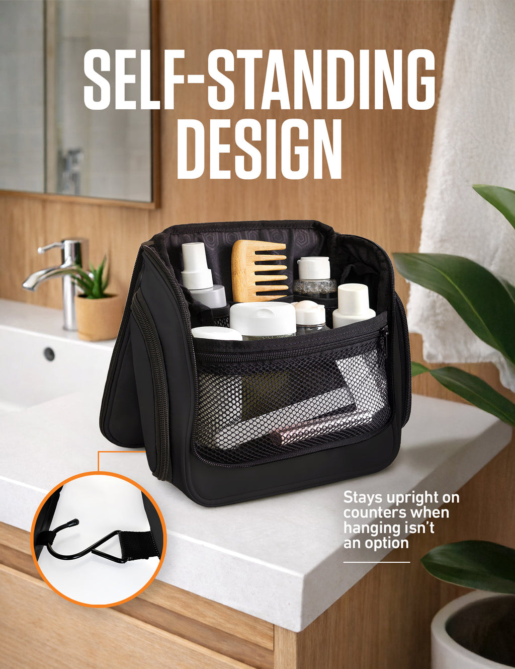 Black toiletry bag standing open on a bathroom counter with bottles and a comb inside.