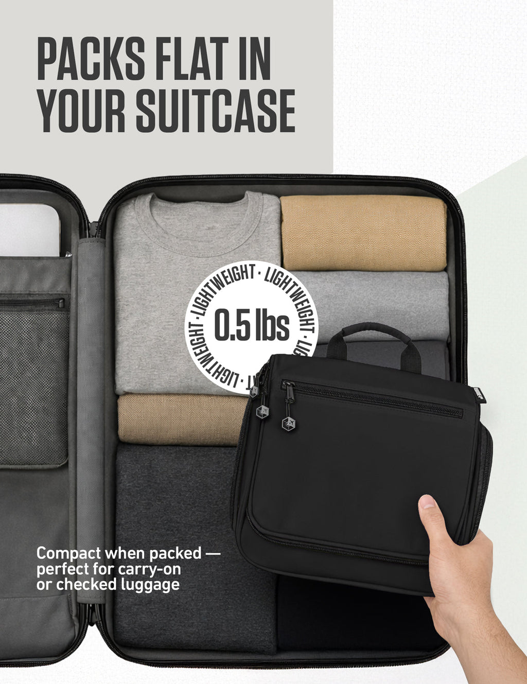 Folded black toiletry bag being placed in a suitcase beside neatly packed clothing.