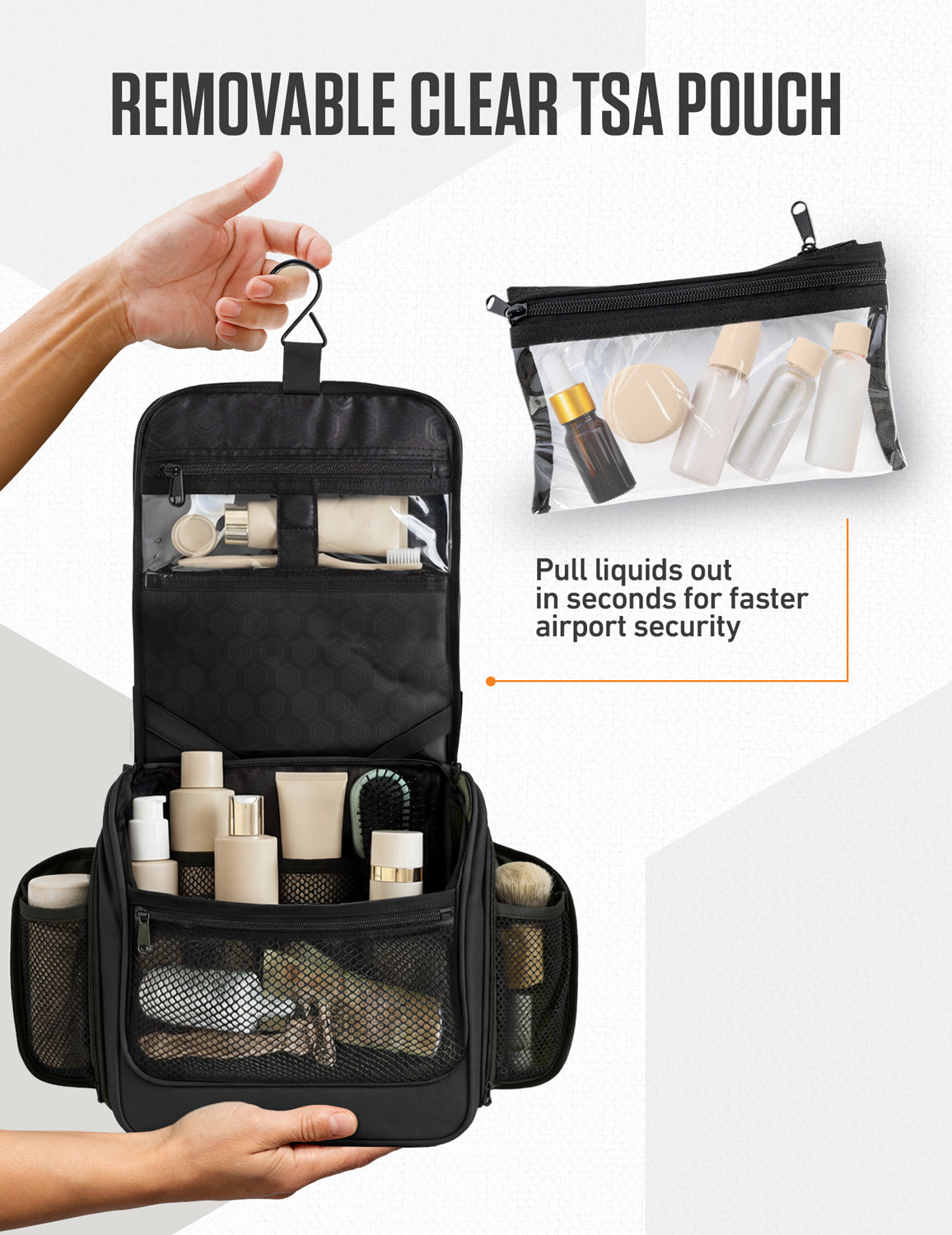 Open black toiletry bag beside its removable clear zippered pouch containing small toiletry bottles.