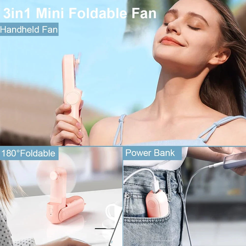 Foldable USB Rechargeable Travel Fan with Power Bank