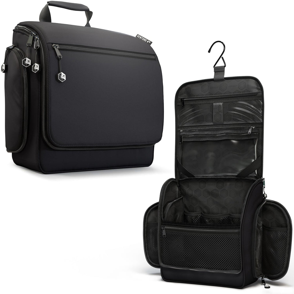 Black VENTURE 4TH toiletry bag shown closed and open, with a hanging hook and interior storage pockets.
