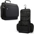 Black VENTURE 4TH toiletry bag shown closed and open, with a hanging hook and interior storage pockets.