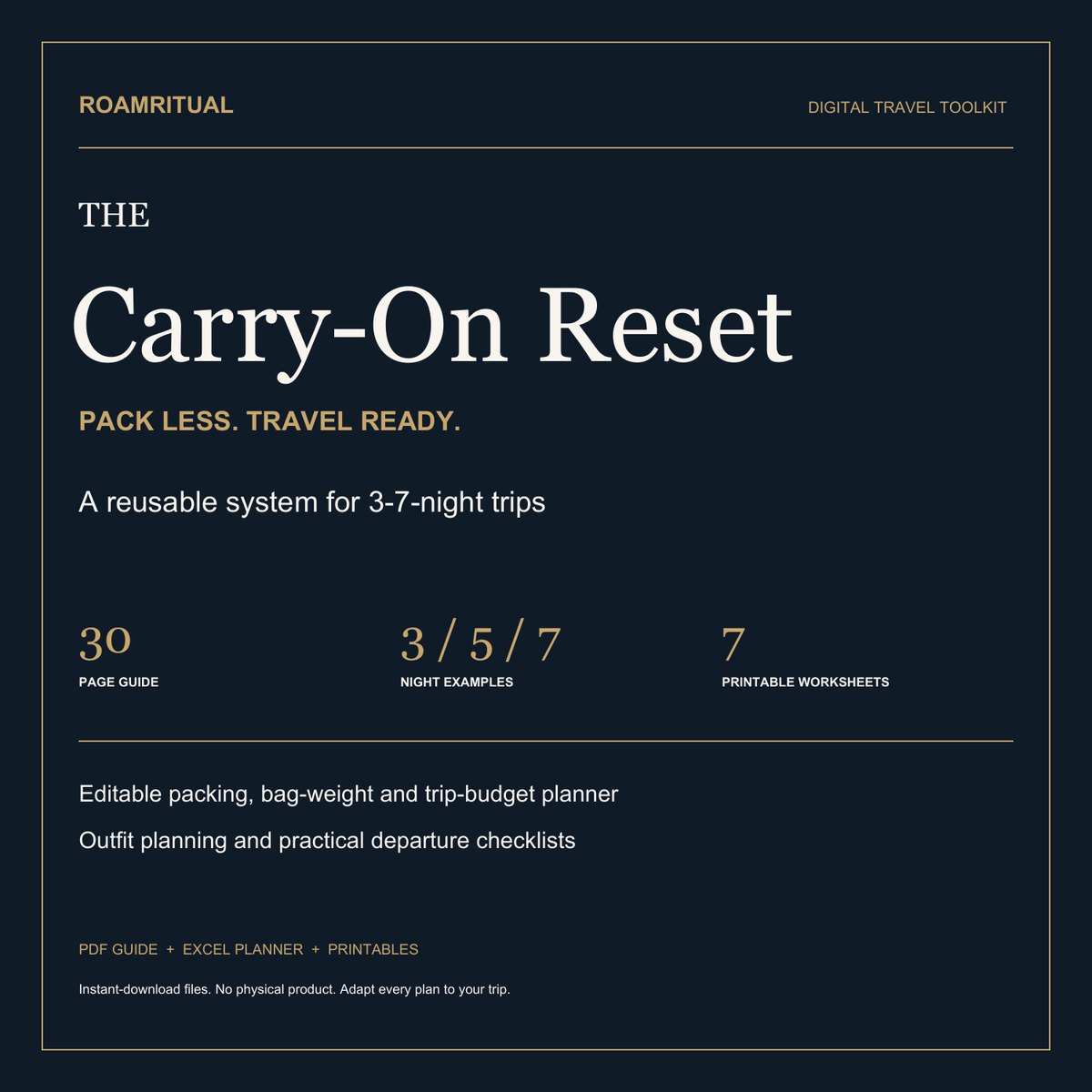The Carry-On Reset digital toolkit by RoamRitual: packing guide, Excel planner and printable worksheets.