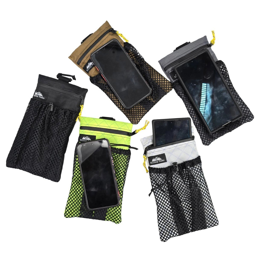 Hilltop Packs zippered phone pouch designed to mount on a backpack shoulder strap